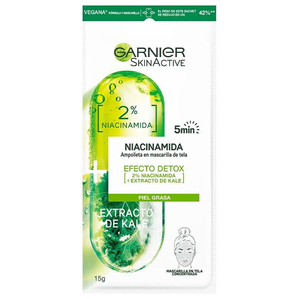 Garnier skin active ampolla mascarilla de tela con niacinamida y kale para grasas - Farmacia Leloir - Tu online las 24hs