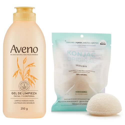 Combo Aveno Gel De Limpieza + Konjac Esponja Piel Sensible