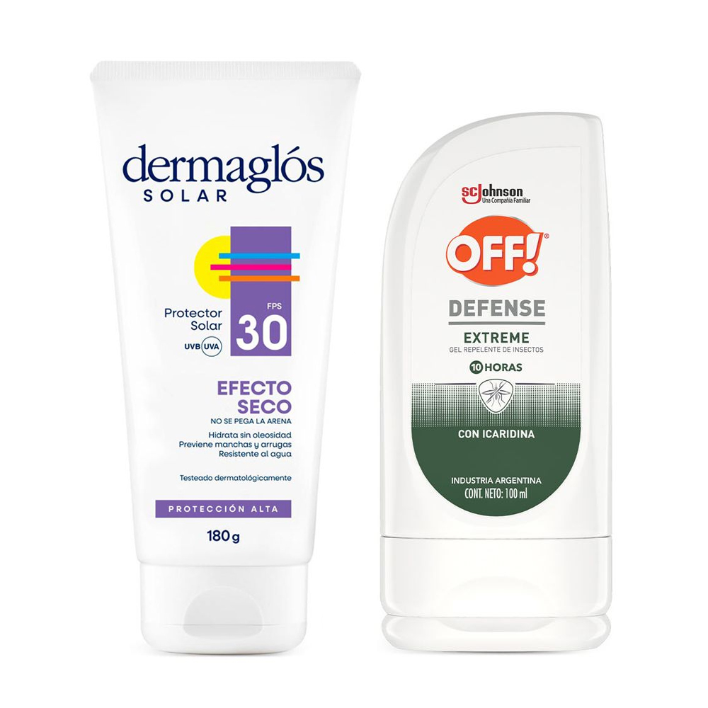 Kit Dermaglós Solar Efecto Seco + Off Defense Extreme Gel