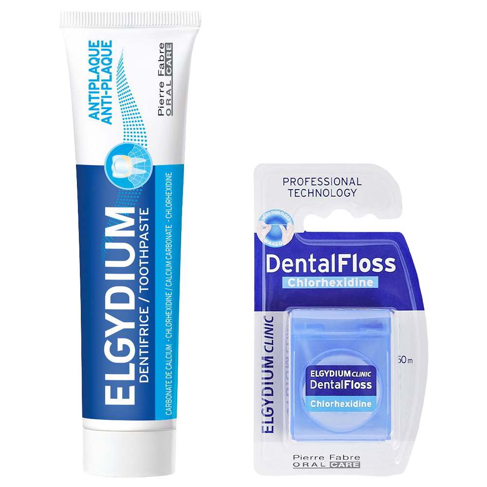 Combo Elgydium Pasta Antiplaca Y Hilo Dental Con Clorhexidina