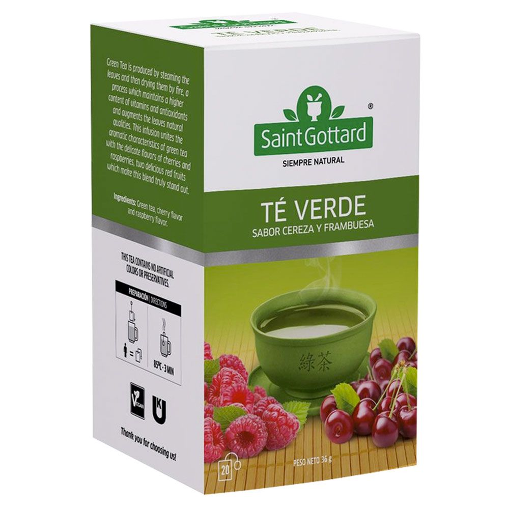 Saint gottard té verde sabor cereza y frambuesa en saquitos